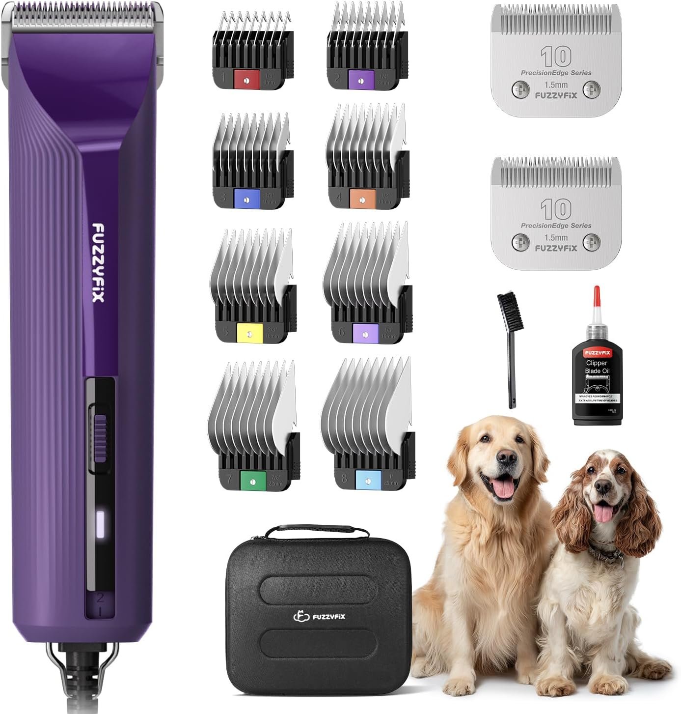AmpFix Professional Dog/Pet Grooming Clippers – 2-Speed Heavy-Duty Motor, 2 Detachable Blade 8 Metal Combs, 10ft Cord, Runs Cool & Quiet, Anti-Slip Shatter-Proof Housing for All Animal Coats