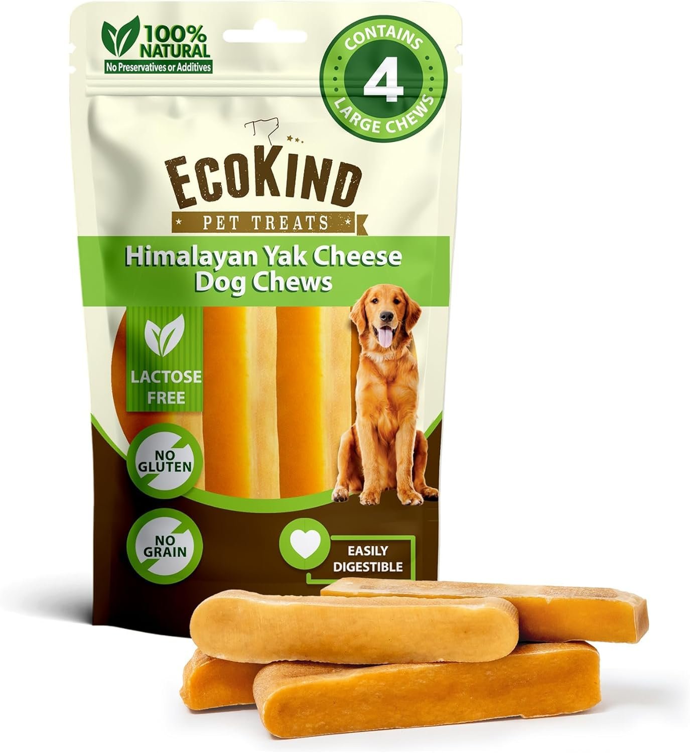 EcoKind Yak Cheese Himalayan Dog Chews, Yak Chews for Large Dogs, Long Lasting Bone for Aggressive Chewers, 3 Ingredient Natural High Protein Dog Treat, No Additives or Lactose, Large – 4 Chews (1 lb)