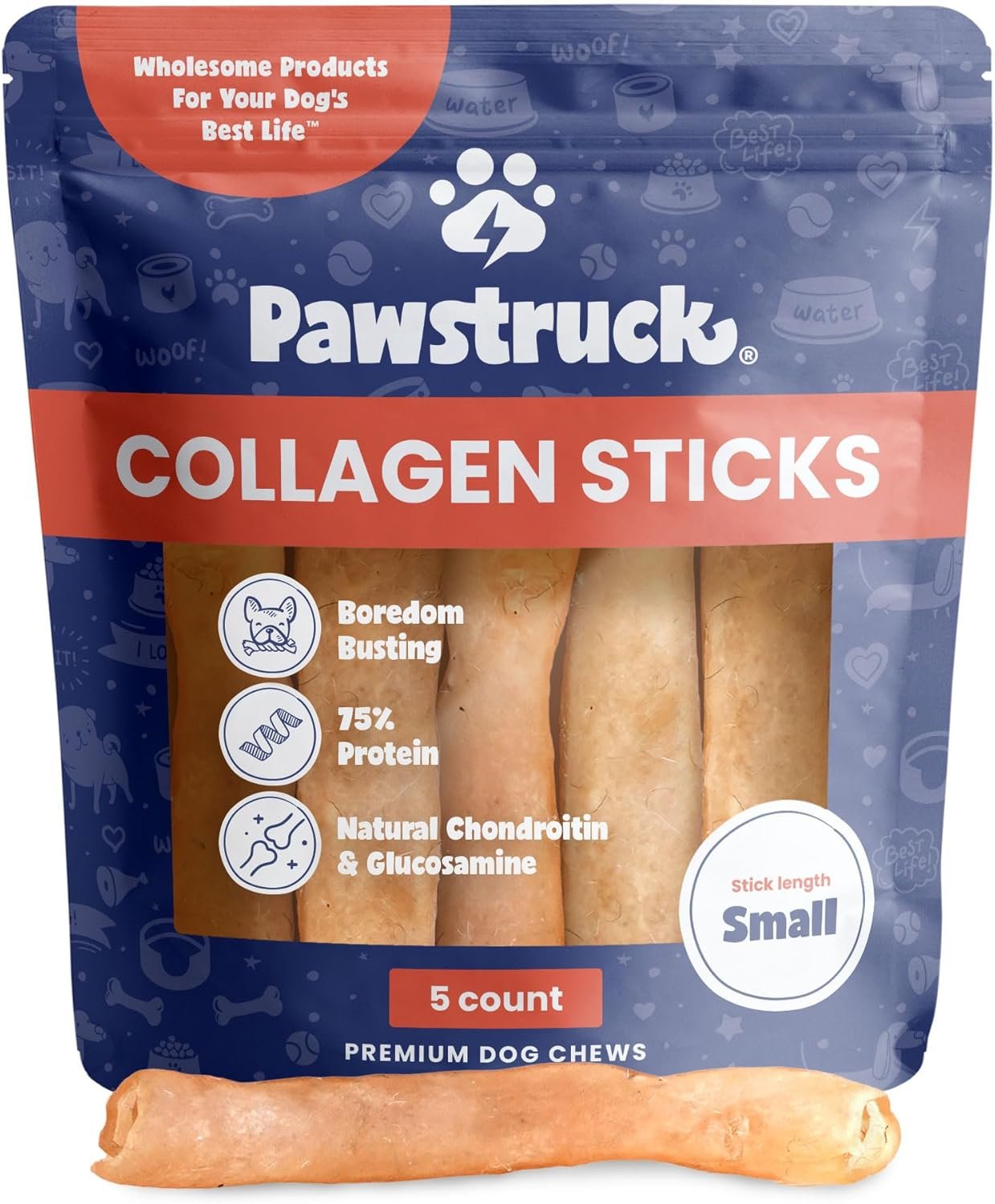 Pawstruck Natural 5-7″ Beef Collagen Sticks for Dogs – Long-Lasting Rawhide Alternative, High Protein & Low Fat with Chondroitin & Glucosamine – 5 Pack
