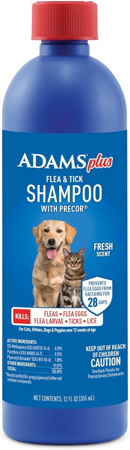 ADAMS Plus Flea & Tick Shampoo with Precor for Dogs, Cats, Puppies & Kittens, Flea Shampoo to Treat Flea Infestations, Kills Ticks, Fleas, Flea Eggs & Lice, Cleans and Conditions Coat, 12 Ounces