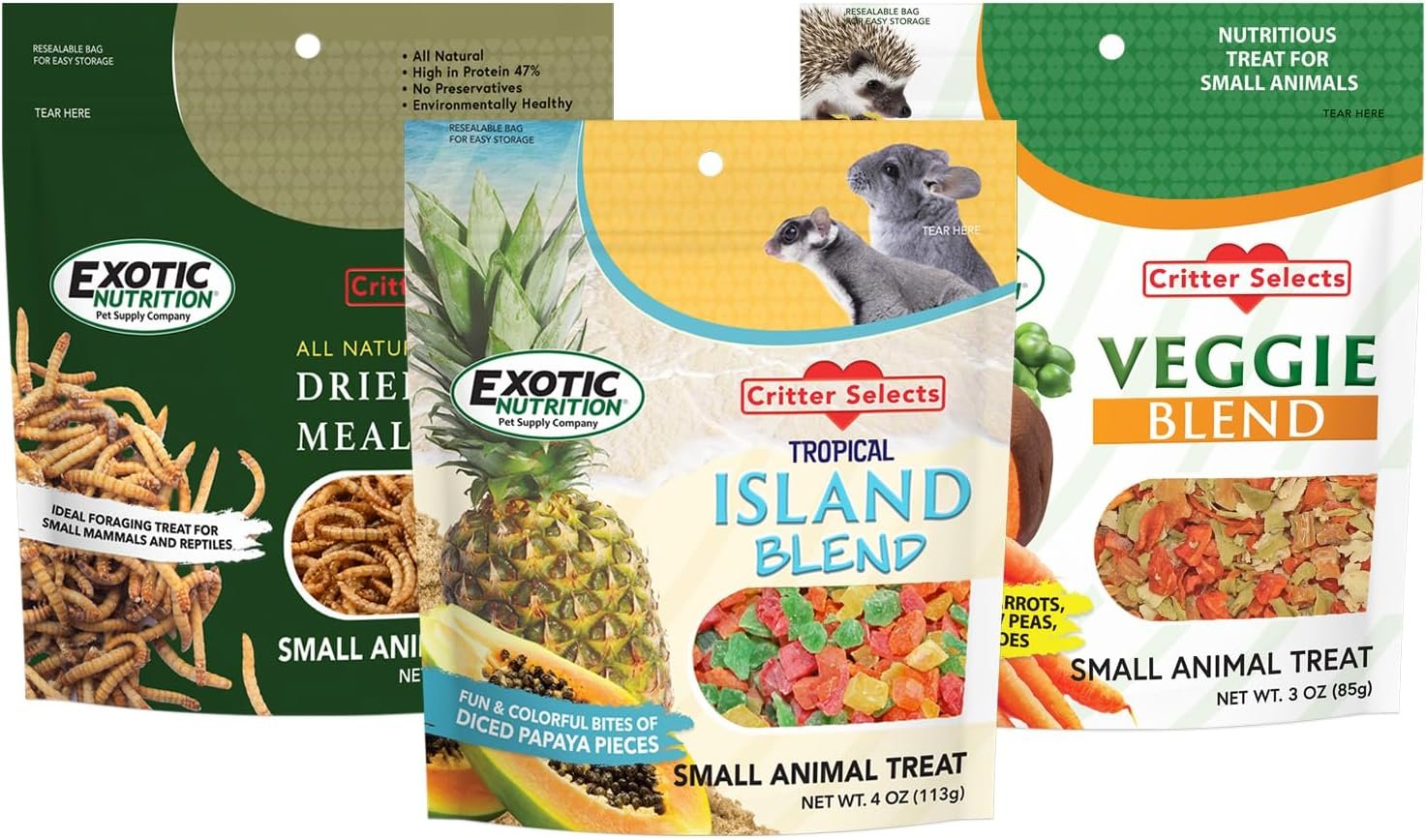 Treat Assortment 3 Pack – Pet Treats with Mix of Dried Fruits, Dried Insects, & Other Crunchies – for Sugar Gliders, Hedgehogs, Squirrels, Rabbits, Marmosets, Rats, Hamsters – Sample Variety