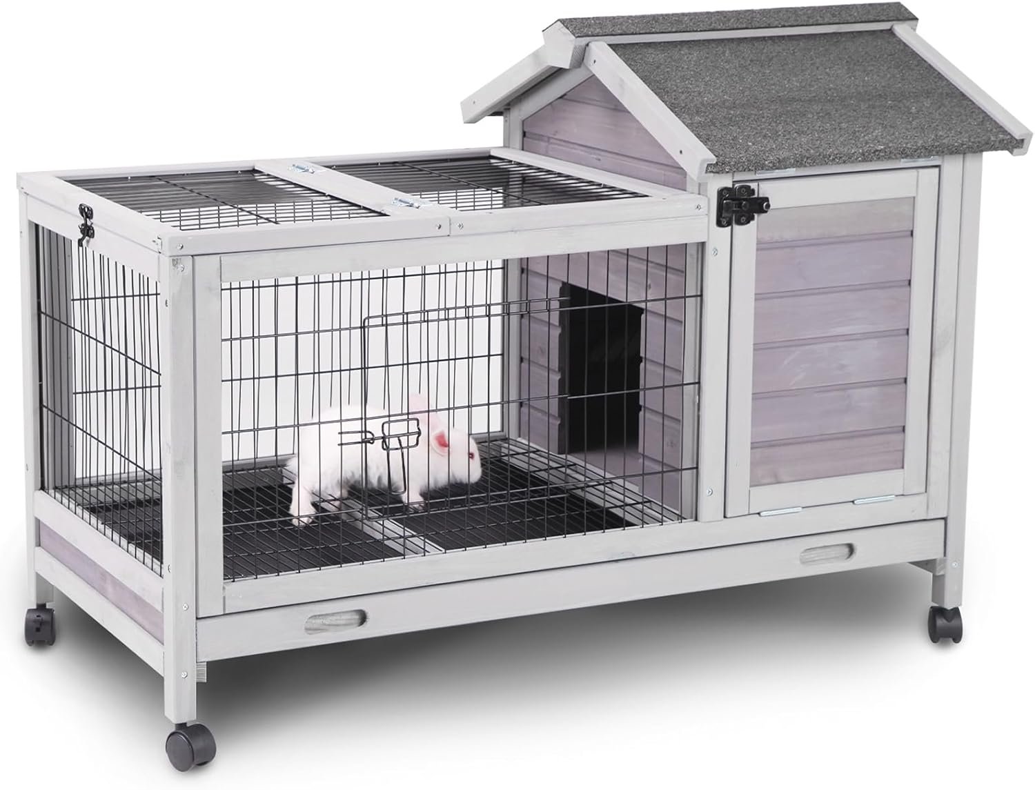 Aivituvin Wooden Rabbit Hutch Indoor Outdoor, 6.6ft² Small Rabbit Cage, Bunny House for 1-2 Bunnies, Guinea Pigs, with Leakproof Pull Out Tray, 4 Wheels & Removable Wire Floor Grid