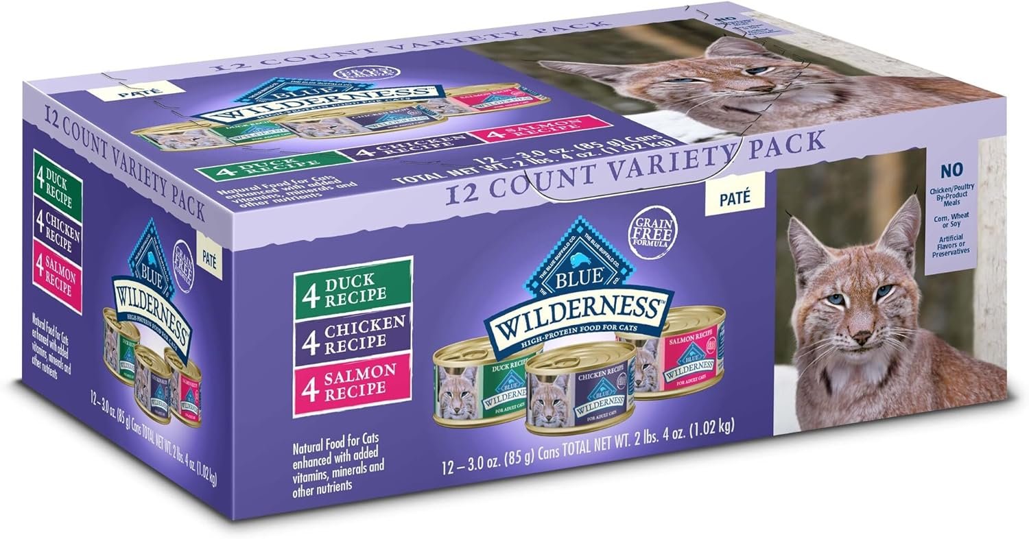 Blue Buffalo Wilderness Paté Variety Pack (Chicken, Salmon, and Duck) Adult Wet Cat Food, High-Protein & Grain-Free Recipes Enhanced with Vitamins, Minerals, and Other Nutrients, 3-oz. Each (12 Count)