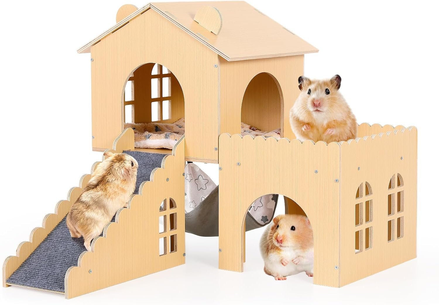 Guinea Pig Hideout with Hammock & Ramp – Multi-Level Wooden Small Animal House for Hamsters, Rabbits, Chinchillas | Easy Assembly Guinea Pig Cages