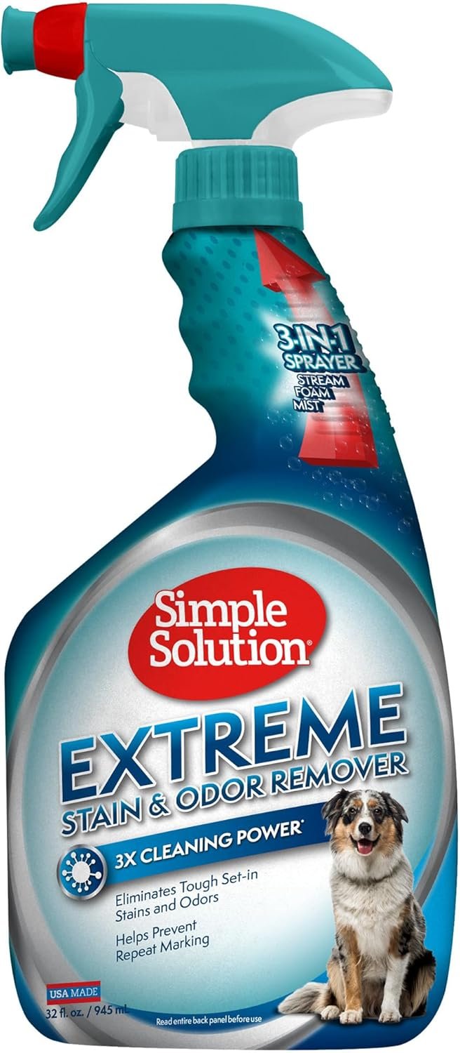 Simple Solution Extreme Pet Stain and Odor Eliminator Spray, Pee Stain Remover, Enzyme Cleaner, 3X Pro-Bacteria Cleaning Power, Dog Odor Remover, 32 oz