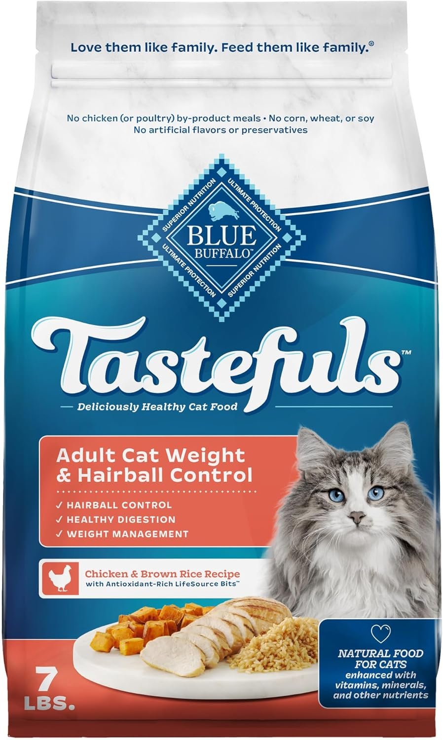Blue Buffalo Tastefuls Chicken & Brown Rice Recipe Adult Indoor Dry Cat Food for Weight Control & Hairball Control, Real Chicken First, Natural Cat Food Made with Natural Ingredients, 7 lbs.