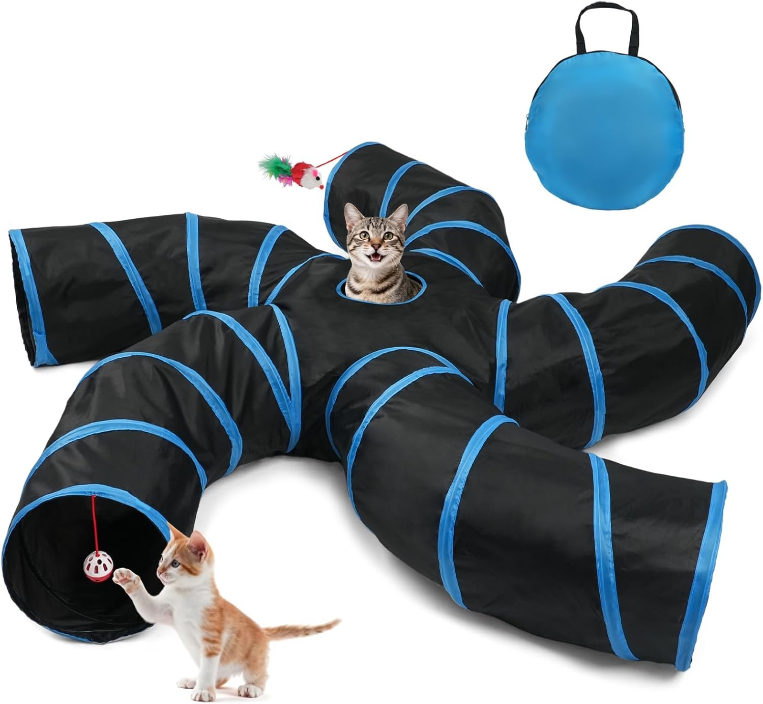 Joytale 5-Way Cat Tunnel for Multi-Cat Households, Tube Toy with Peekaboo Hole to Chase & Hide, Bell Ball & Toy Mouse, Collapsible Indoor Tunnel for Cats, Kittens, Rabbits & Puppies (Blue & Black)