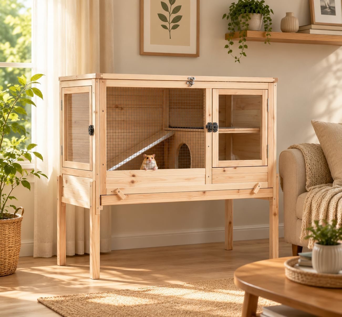 GUTINNEEN Guinea Pig Cage Rabbit Cage Indoor with Chew-Proof Edges, Clean Deep Tray, Leakproof PVC Layer, Small Animals Cage with Adjustable Legs – Natural Wood Color