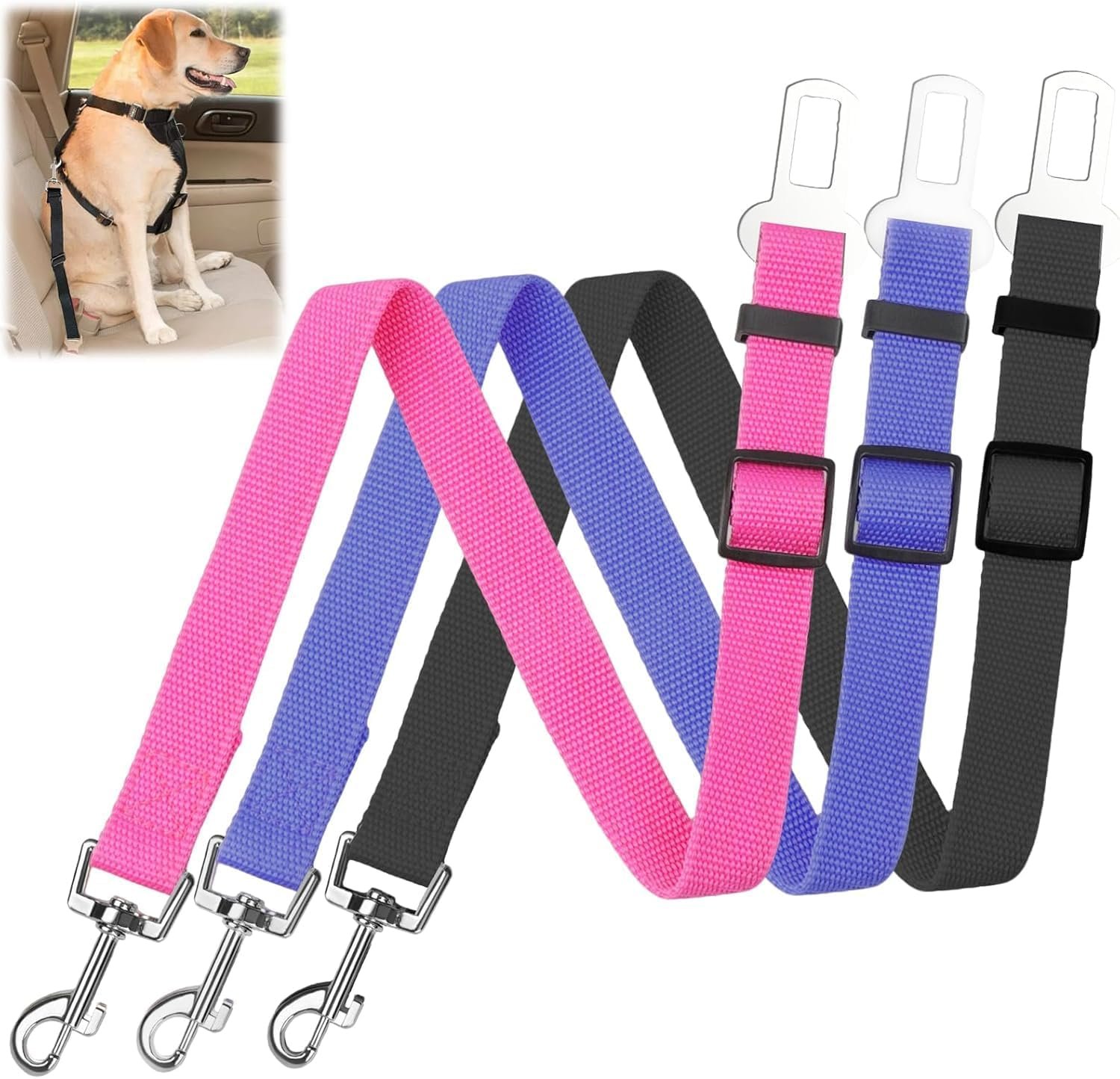 LMHTWO Dog Seat Belt,3 Piece Adjustable Dog Car Harness Dog Seatbelt Durable Nylon Retractable Pet Seat Belt Dog Accessories Leash Leads Car Vehicle Seatbelt for Dogs Cats and Pets (3)