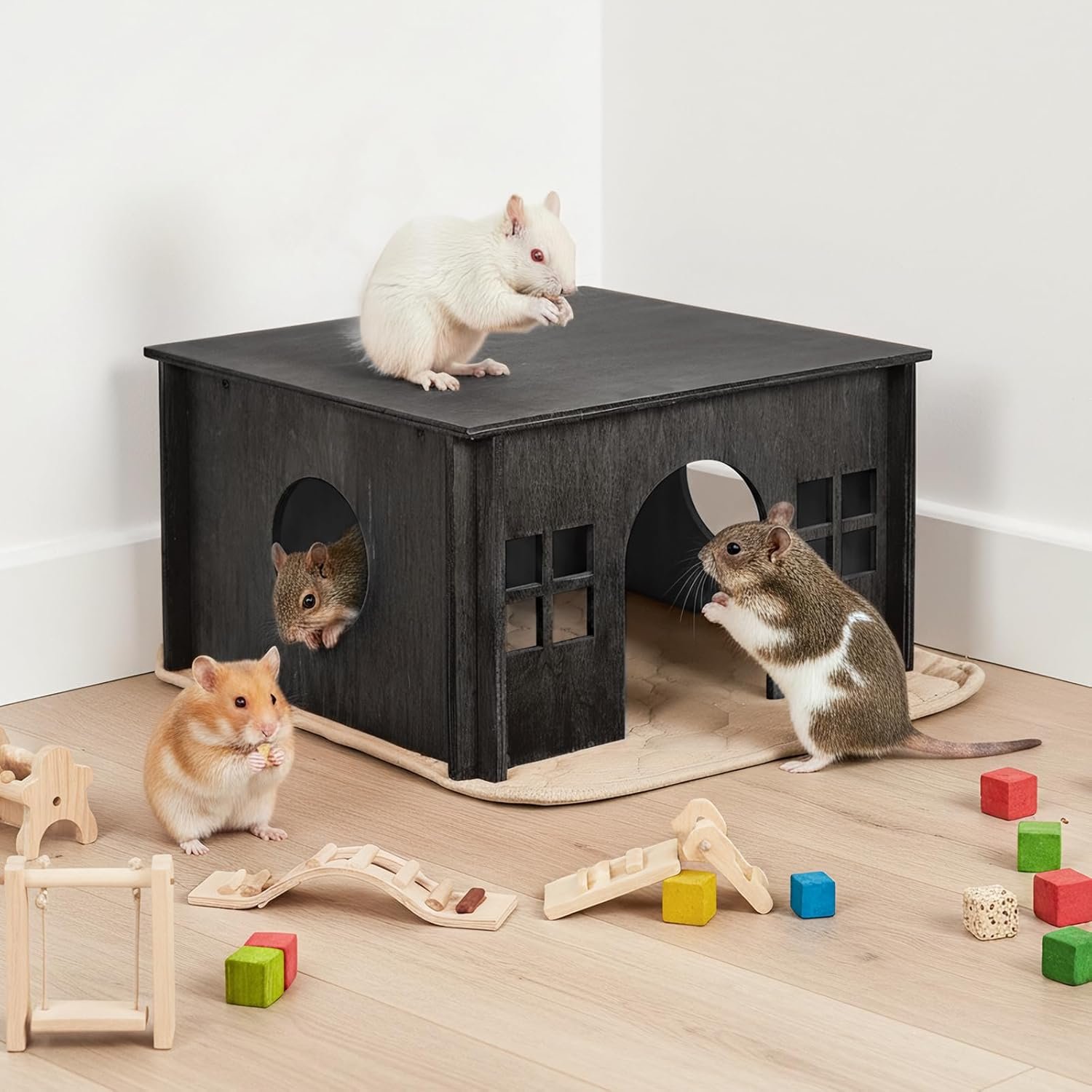 Black Guinea Pig Hideout and Hideouts, Wooden Guinea Pig House with Cushion, Lovely Chinchilla House with Windows, Large Hamster House Hideout for Hamsters Small Bunny Chinchillas Playing Hiding