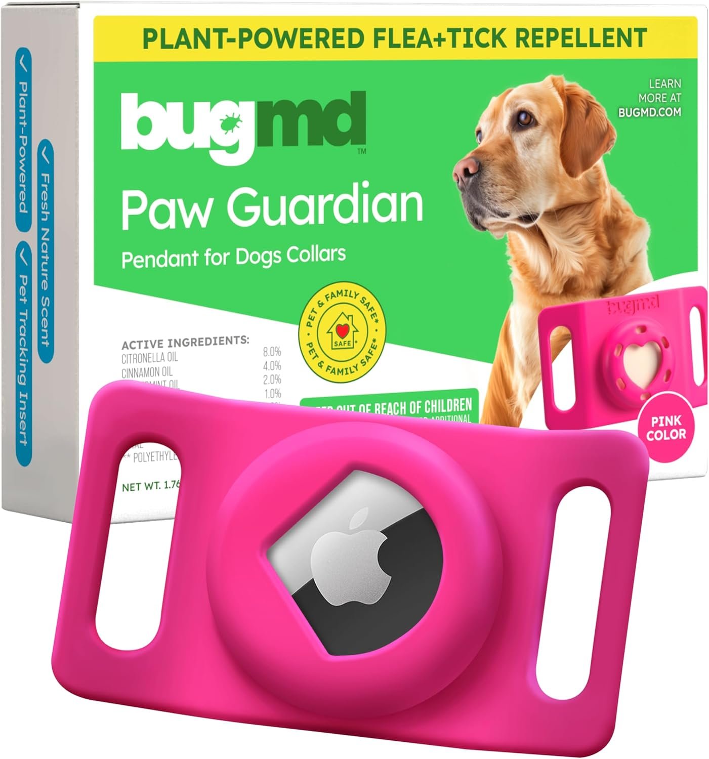 BugMD Paw Guardian Flea and Tick Prevention Pendant for Dogs with AirTag Holder, Plant-Powered Flea and Tick Control for Collars and Harnesses, (15.14 Grams) Pink