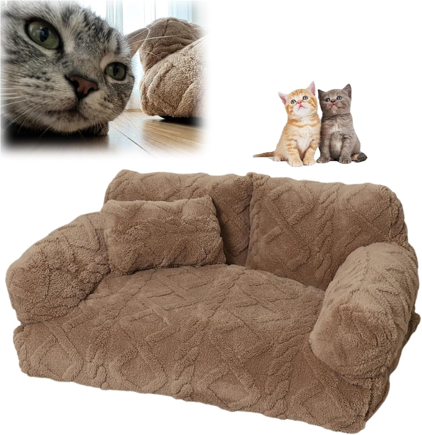 Plush Calming Pet Sofa Bed, 6 Sizes Dog Cat Pet Bed Couch Beds for Small Medium Large Dogs Cats, Removable and Washable, Fluffy Pet Sofa Couch Non-Slip Bottom Suitable for All Seasons (Khaki, M)