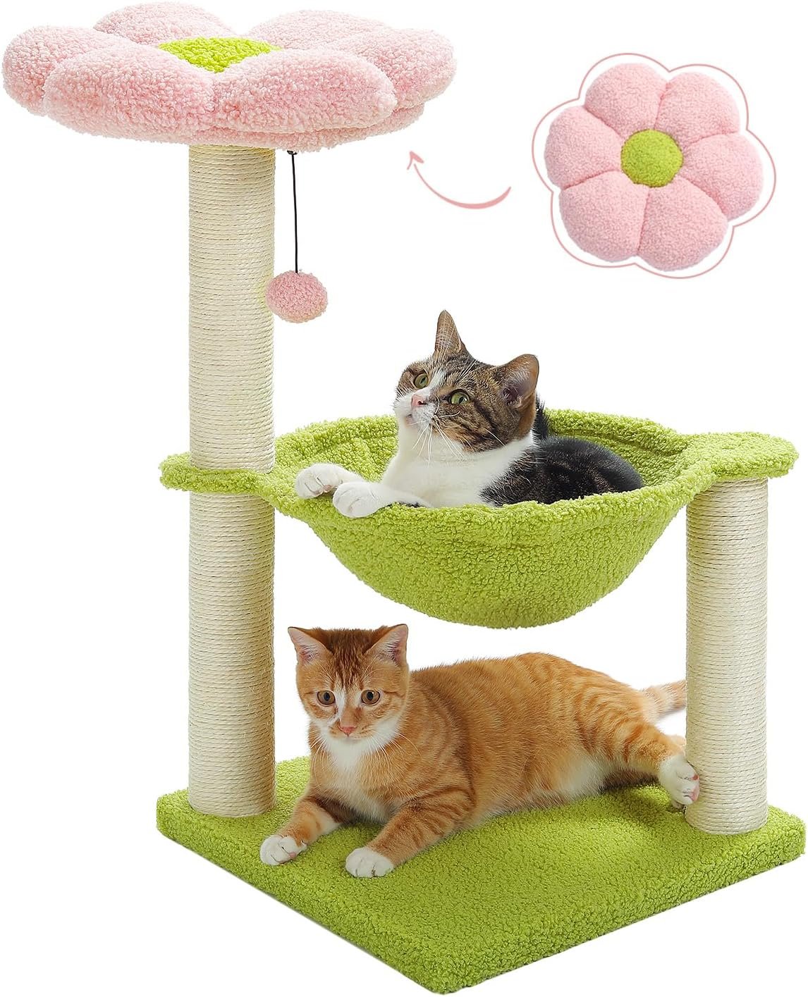 MUTTROS Flower Cat Tree, 28″ Cat Tower with Cozy Flower Perch, Large Hammock for Indoor Small Cats, Cute Cat Tree with Sisal Scratching Post and Fur Toy Ball for Kittens, Pink