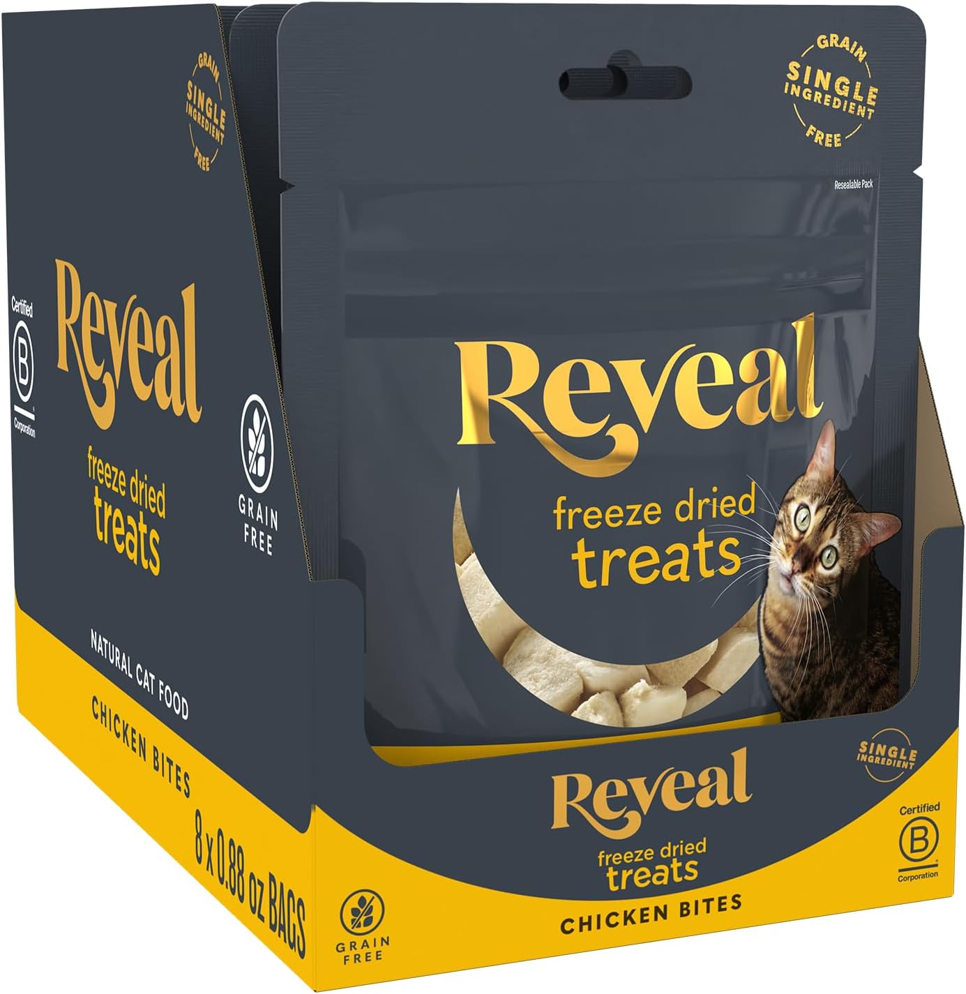Reveal Chicken Freeze Dried Cat Treats 8-Pack, Single Ingredient, Grain Free, High Protein, Natural Cat Treats for Training, No Fillers, No Artificial Additives (8 x 0.88 oz Bags)