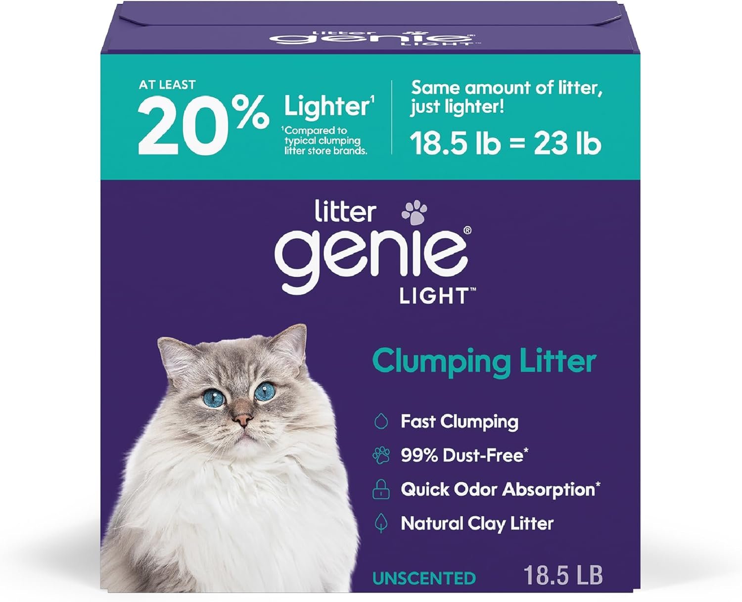 Litter Genie Light Unscented Clumping Cat Litter, 18.5 lbs | Natural Clay Cat Litter | Fast-Clumping, Odor Control, Low Dust, Naturally Lighter