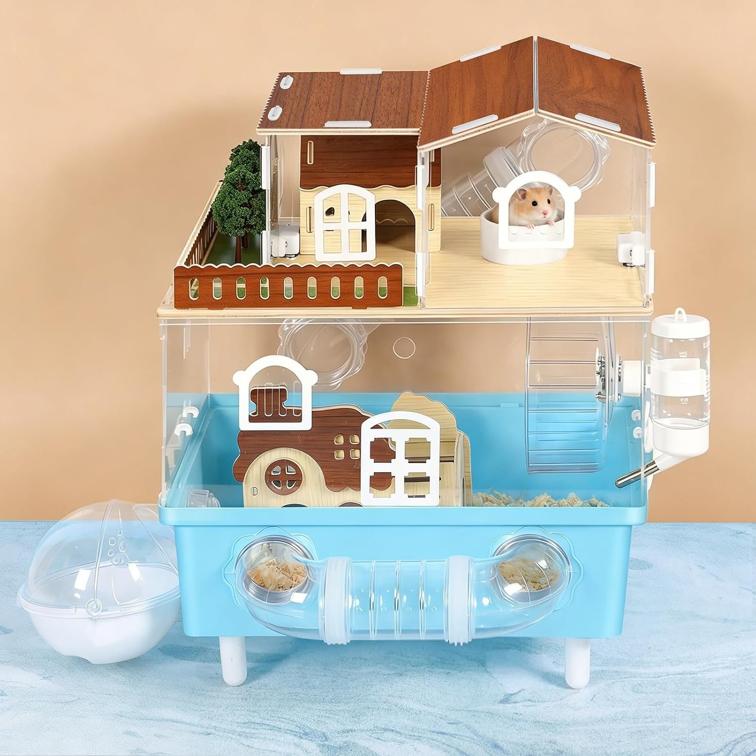 Acrylic Hamster Cage 9-in-1 Hamster Habitats with All Accessories 13.3″L x 9.8″W x 17.4″H Clear Hamster House for Syrian Gerbils Hamster, Dwarf Hamster Hideout 2 Tier Small Animal Cages for Pet Mice
