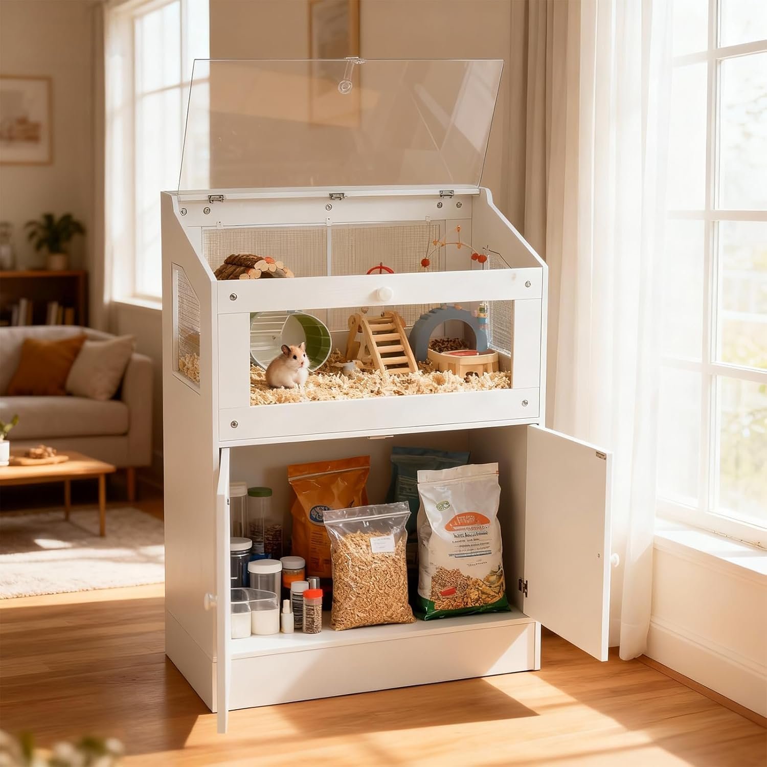 Hamster Cage with Storage Cabinet, Small Animal Cage with Acrylic Viewing Window & Ventilated Mesh, Large Pet Habitat Enclosure for Guinea Pig, Mice, Gerbils, Hedgehogs, Rats, Rabbit