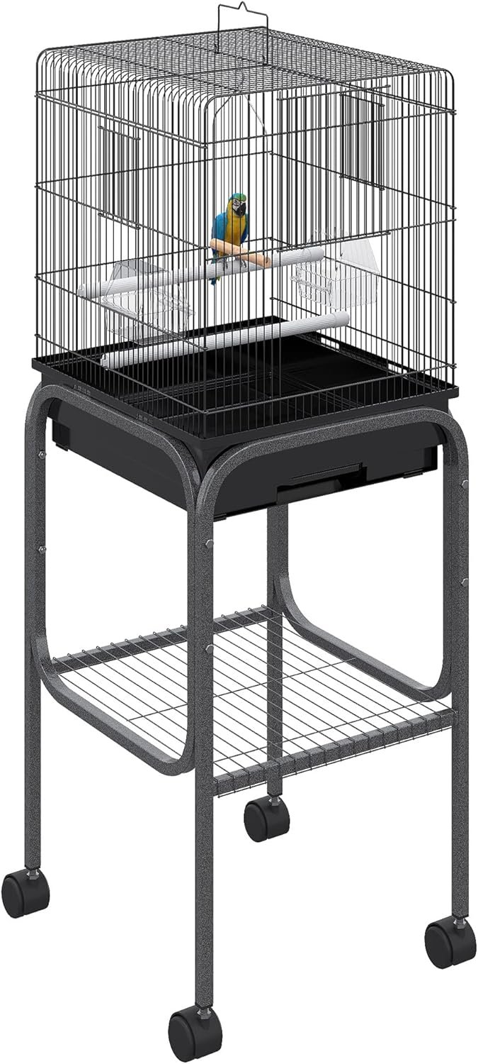 Pawhut 45-inch Metal Indoor Bird Cage, Parrot Cage, Bird Aviary with Detachable Rolling Stand, Storage Basket, and Accessories – Black