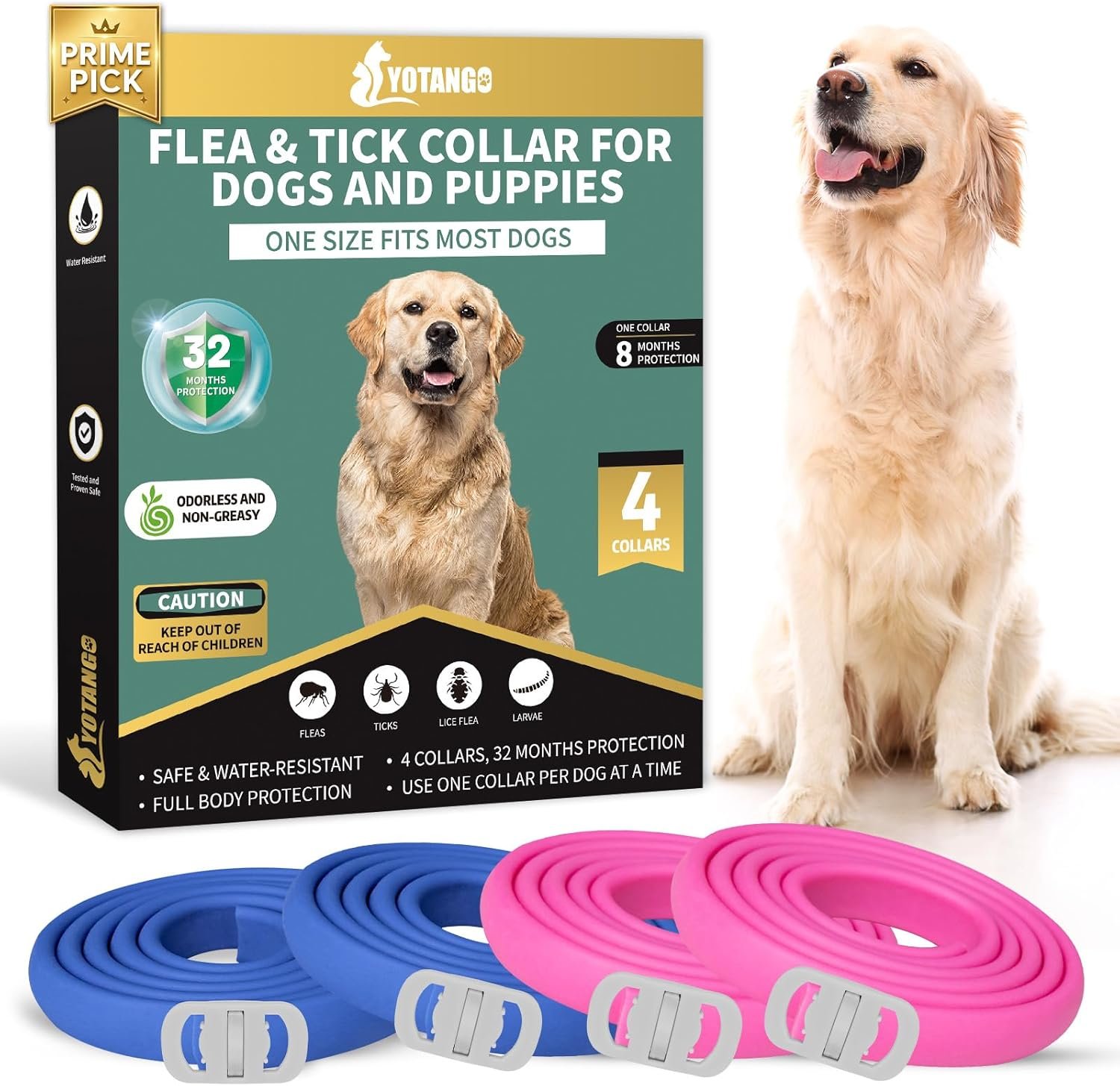 YOTANGO 4 Pack Flea Collar for Dogs, Dog Flea Collar Waterproof, 32 Months Prevention, Dog Fleas and Tick Treatment, Adjustable Fleas and Tick Protection for Dogs Puppy(Blue & Pink)