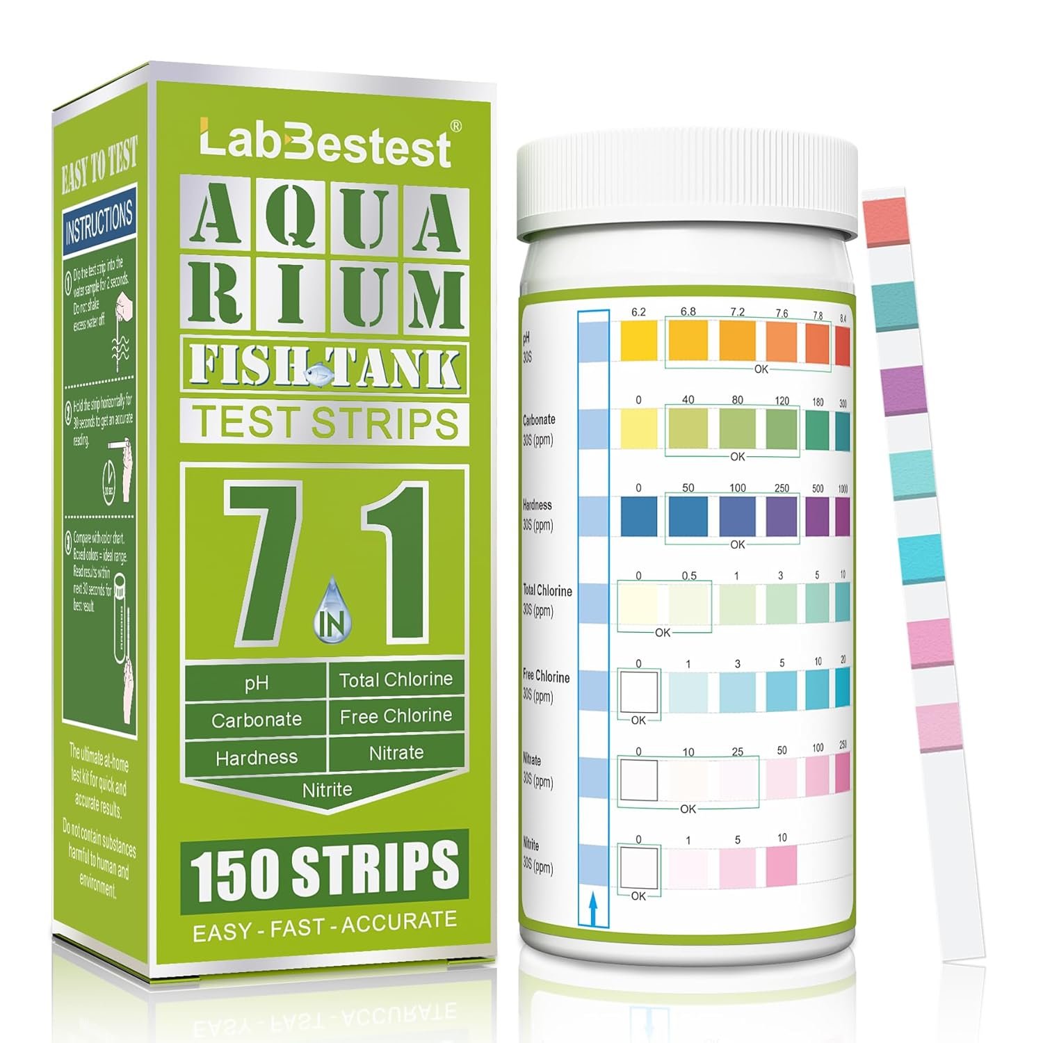 Aquarium Test Strips – Aquarium Water Test Kit – 150 Fish Tank Test Strips for Freshwater Saltwater – Pond Water Tester Kits – Rapid Accurate Easy to Test Nitrate, Nitrite and More (7-Way)