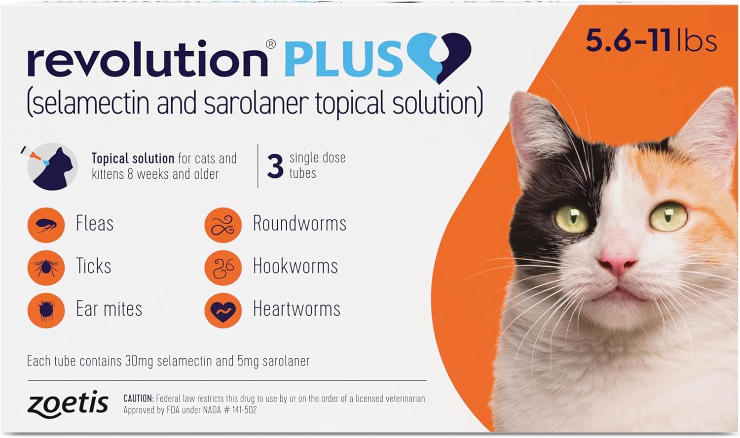 Revolution Plus (selamectin and sarolaner Topical Solution) for Cats, 5.6-11 lbs (Orange), 3 Tubes