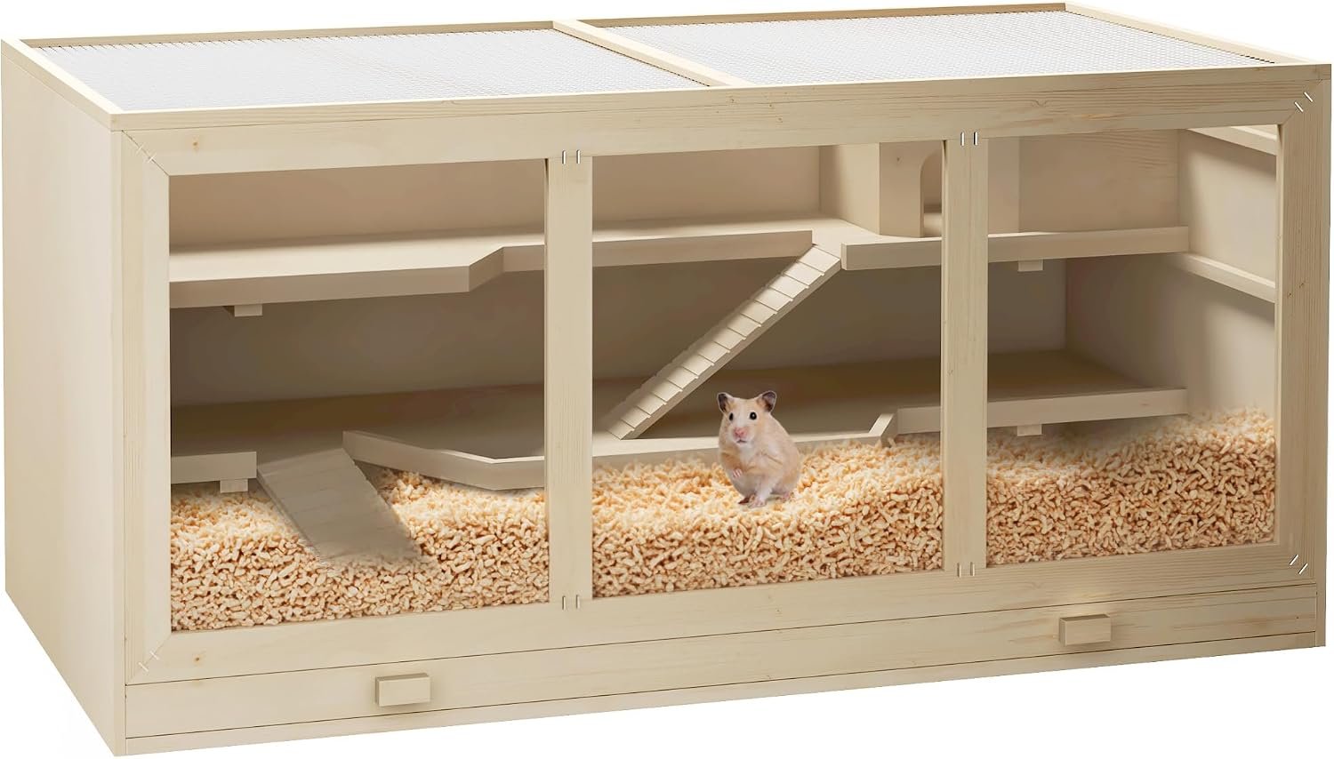 PawHut 45″ Extra Large Wooden Hamster Cage, 3-Layer Rat Cage with Opening Roof, PVC Window, Small Animal Habitat for Gerbil, Dwarf & Syrian Hamsters, Natural
