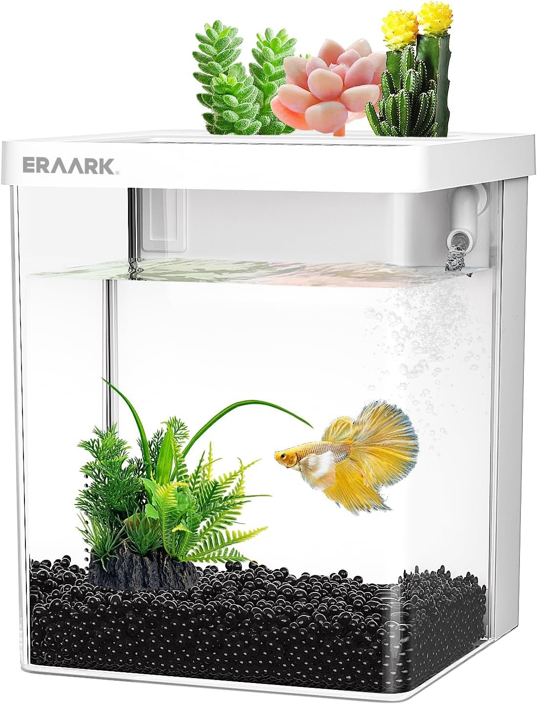 Small Fish Tank Aquarium kit 1.5 Gallon Betta Fish Tank with Silent Water Pump Filter LED Light,Fish Bowl (White)