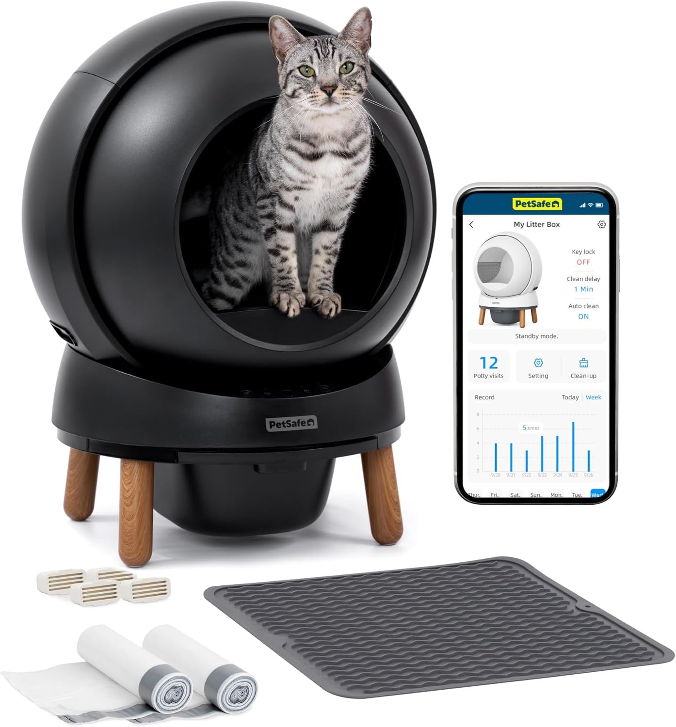 PetSafe ScoopFree SmartSpin Self-Cleaning Litter Box – Automatic Waste Collection – Odor Control – App Controlled – Complete Litter Box Kit – Black