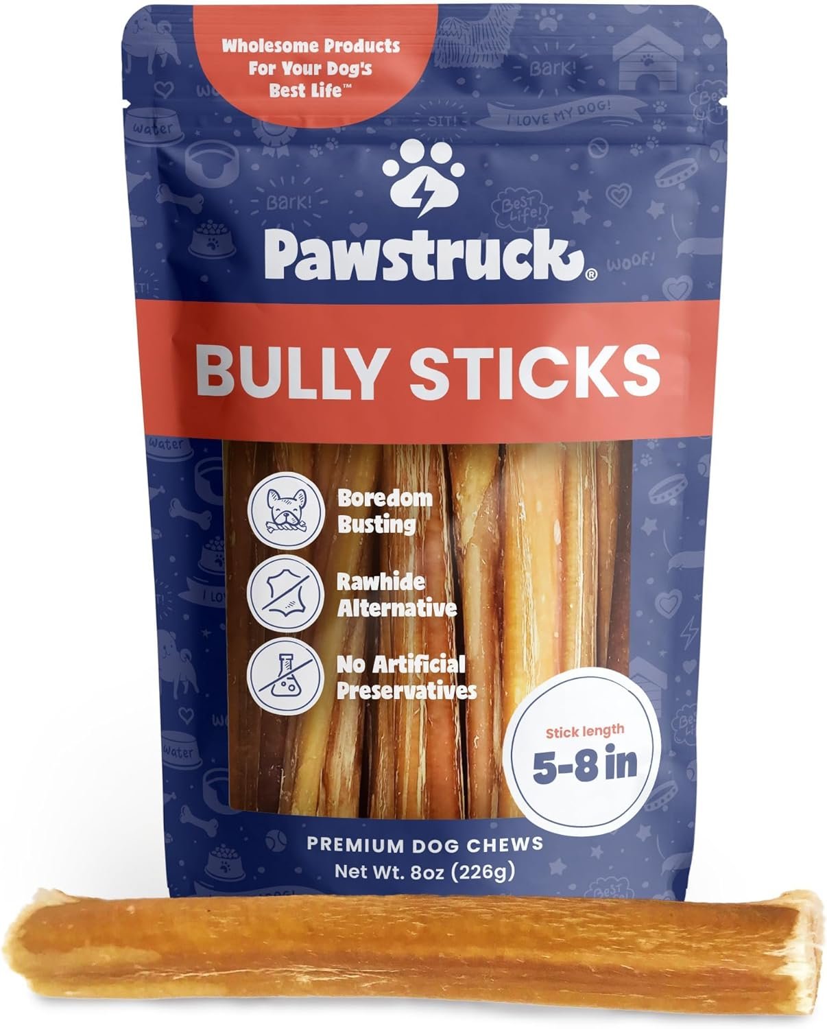 Pawstruck Natural 5-8″ Bully Sticks for Dogs – Best Long-Lasting, Rawhide-Free, Low Odor Dental Chew Treat – Healthy Single Ingredient, 100% Real Beef – 8 oz Bag – Packaging May Vary