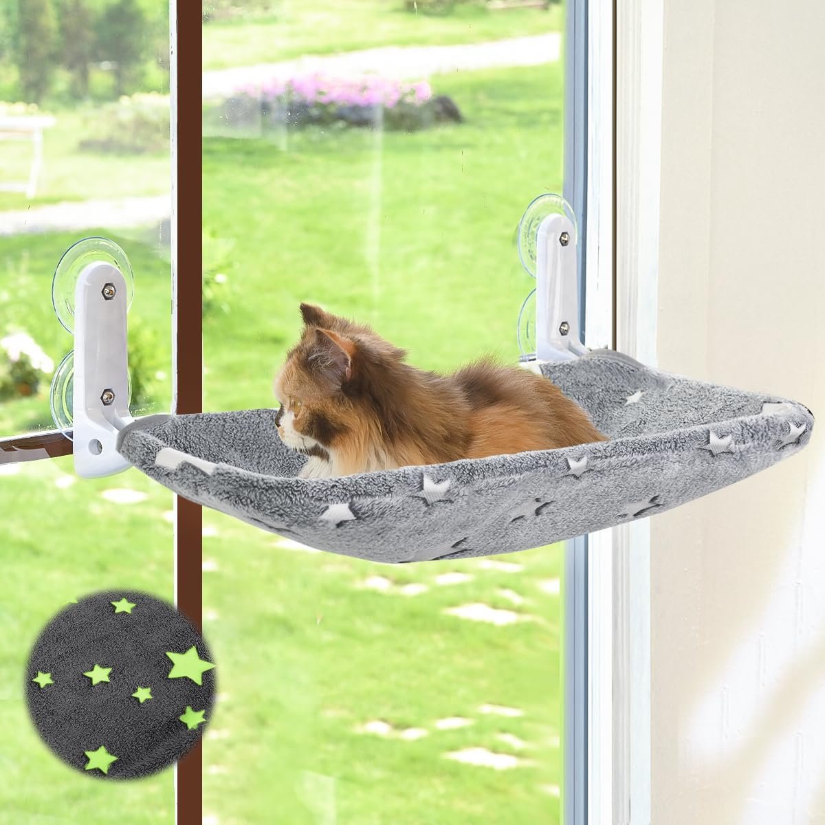 Zoratoo Cat Window Perch, Glow in The Dark Cordless Foldable Pet Hammock Bed for Window with Sturdy Metal Frame, Glowing Stars Pattern Resting Seat for Indoor Cats (Stars – M)