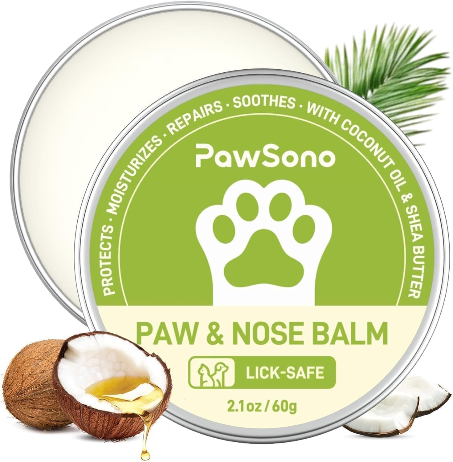 PawSono Lick-Safe Dog Paw & Nose Balm with Coconut Oil | All-Natural Moisturizer & Soother for Dry, Cracked Pads & Snout | Summer Hot Pavement & Sand Paw Wax, Nose Butter for Bulldogs (2.1 oz / 60 g)