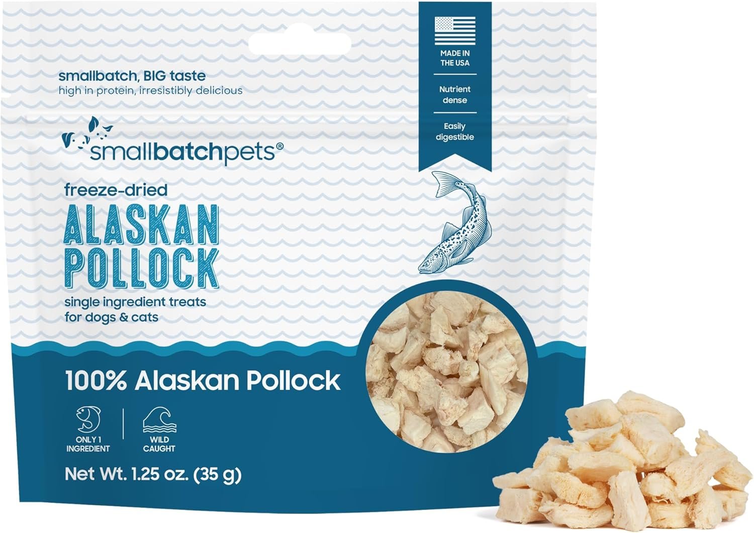 smallbatch Pets Freeze Dried Cat & Dog Treats, 1.25oz – Alaskan Pollock, Organic High Protein Treats, Omega 3 Fatty Acids, Gluten Free, Grain Free, Made in the USA, Ethically Sourced, Single Protein