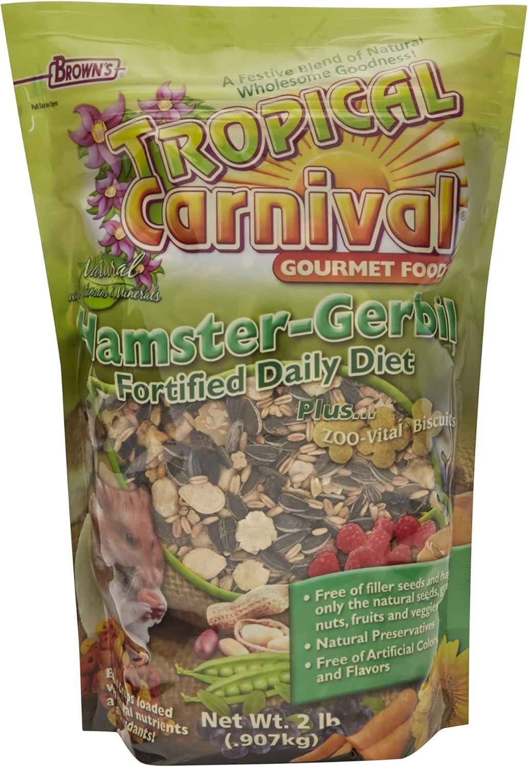 F.M. Brown’s Tropical Carnival, Natural Hamster-Gerbil Food, Vitamin-Nutrient Fortified Daily Diet, NO Filler Seeds, NO Artificial Colors or Flavors, 2 lb