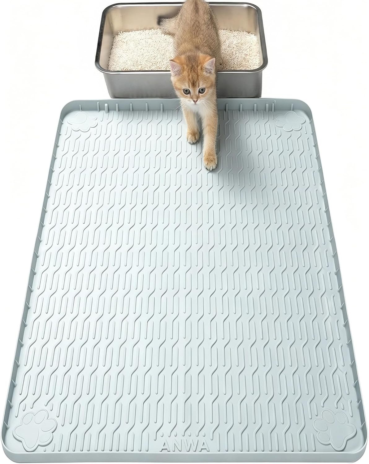 ANWA Waterproof Cat Litter Rug, 34″ x 22″ Large Silicone Cat Litter Mat Litter Trapping Mat, Heavy-Duty, Easy to Clean