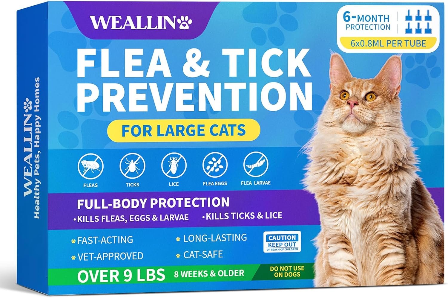 WEALLIN Flea and Tick Prevention for Large Cat, Fleas and Ticks Treatment for Cats Over 9 lbs, Topical Cat Flea Treatment, Fast-Acting & Long-Lasting Fleas Control for Cats, 6-Dose Supply