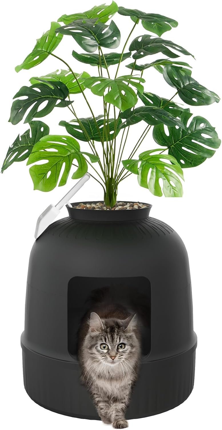 Lifewit Cat Litter Box, Hidden Enclosure Litter Tray with Odor Control & Carbon Filter in Living Room, Bedroom, Corner with Faux Plant& Plastic Scoop, 48 x 120 cm/19×47, Black