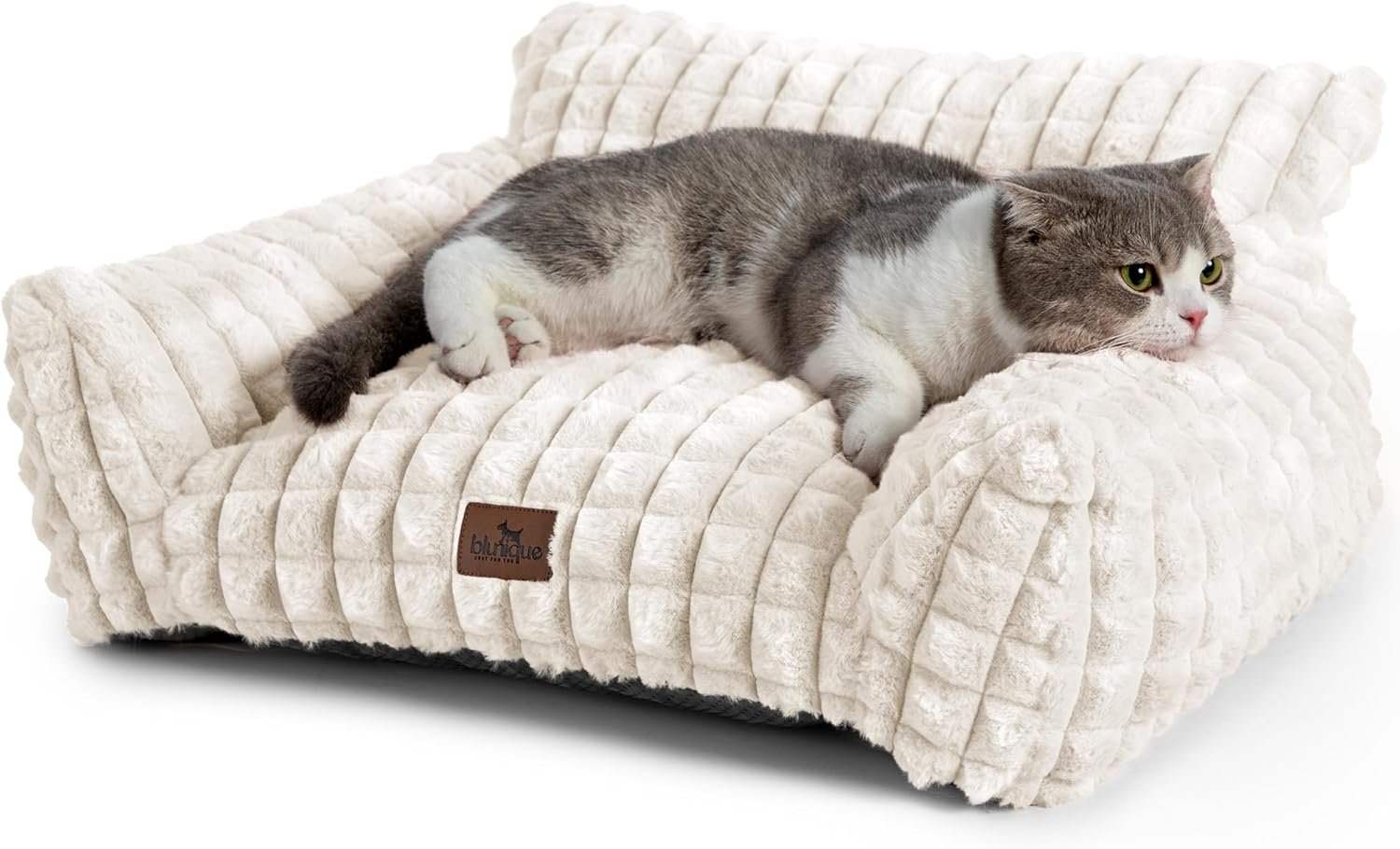 Cat Beds for Indoor Cats – Cute Cat Couch Bed Fluffy Pet Sofa with Faux Rabbit Fur Washable Cover, Fuzzy Pet Couch in 3D Diamond Pattern, Suppportive Large & Small Cats Sofa, 24inch Off White