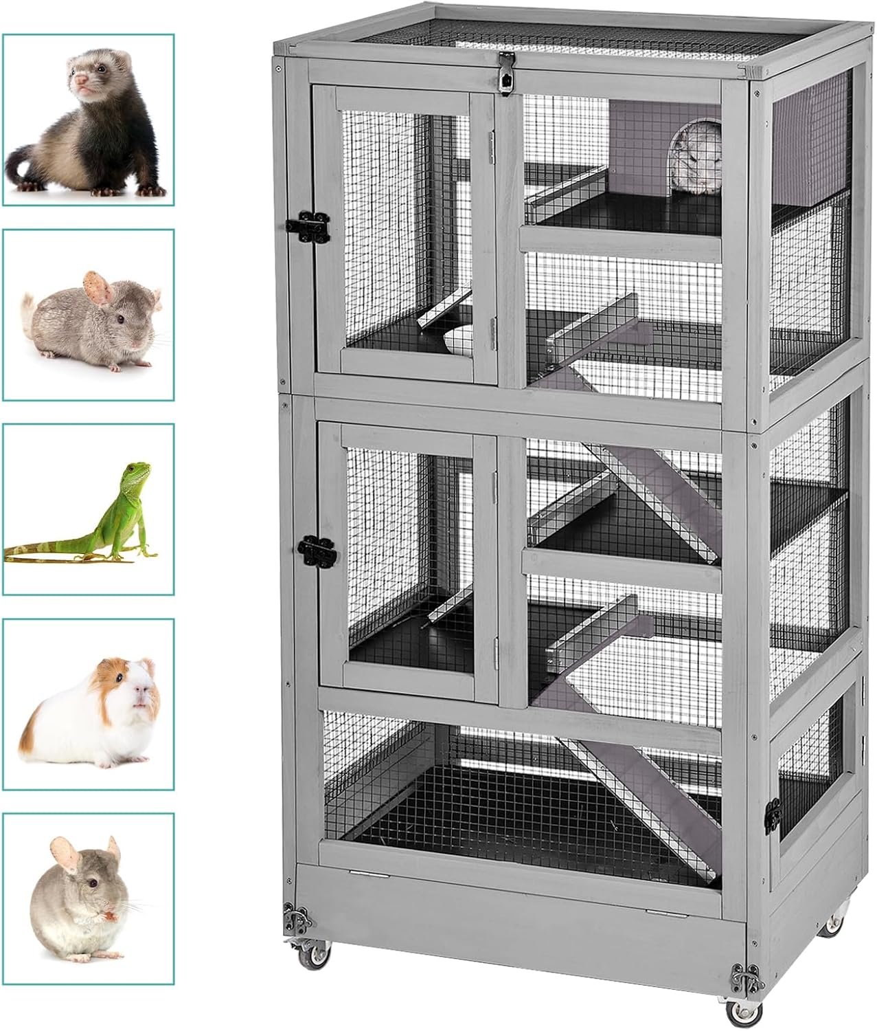 Large Guinea Pig Cage,5 Levels Wooden Ferret Cages with Wheels,Chinchilla Cage Upgrade Metal Frame Rat Hutch for Indoor Outdoor (5 Level)