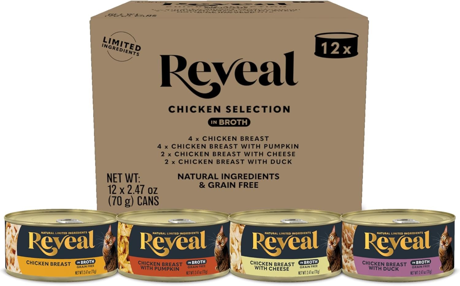 Reveal Chicken Variety Pack Wet Cat Food in Broth 12-Pack, 4-Flavor, Protein, Limited Ingredient, Grain Free, Canned Cat Food, No Fillers, No By-Products (12 x 2.47 oz Cans)