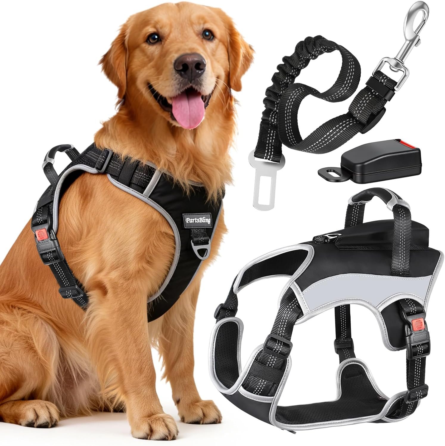 PartsBling Dog Car Harness, Dog Seat Belt Harness for Car, No Pull Adjustable Dog Harness with Seat Belt Attachment, Breathable Padded Vest with Handle for Walking, Training & Car Travel, L