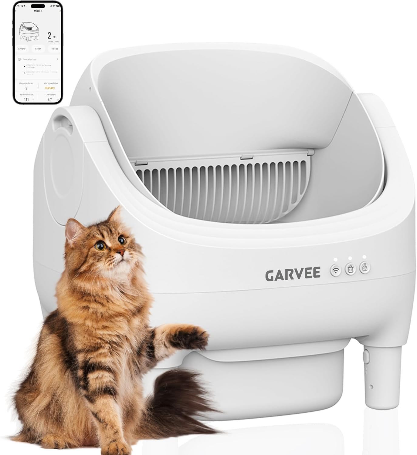 Self Cleaning Litter Box, Automatic Cat Litter Box with APP Control, Odor-Free Waste Disposal Includes Trash Bags, Large Waste Bin, Open-Top Automatic Litter Box for Multiple Cats, White