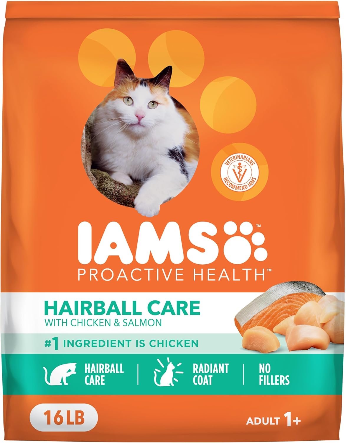 IAMS Proactive Health Dry Cat Food Hairball Care, Adult Cat Food, with Real Chicken and Salmon, 16 lb. Bag