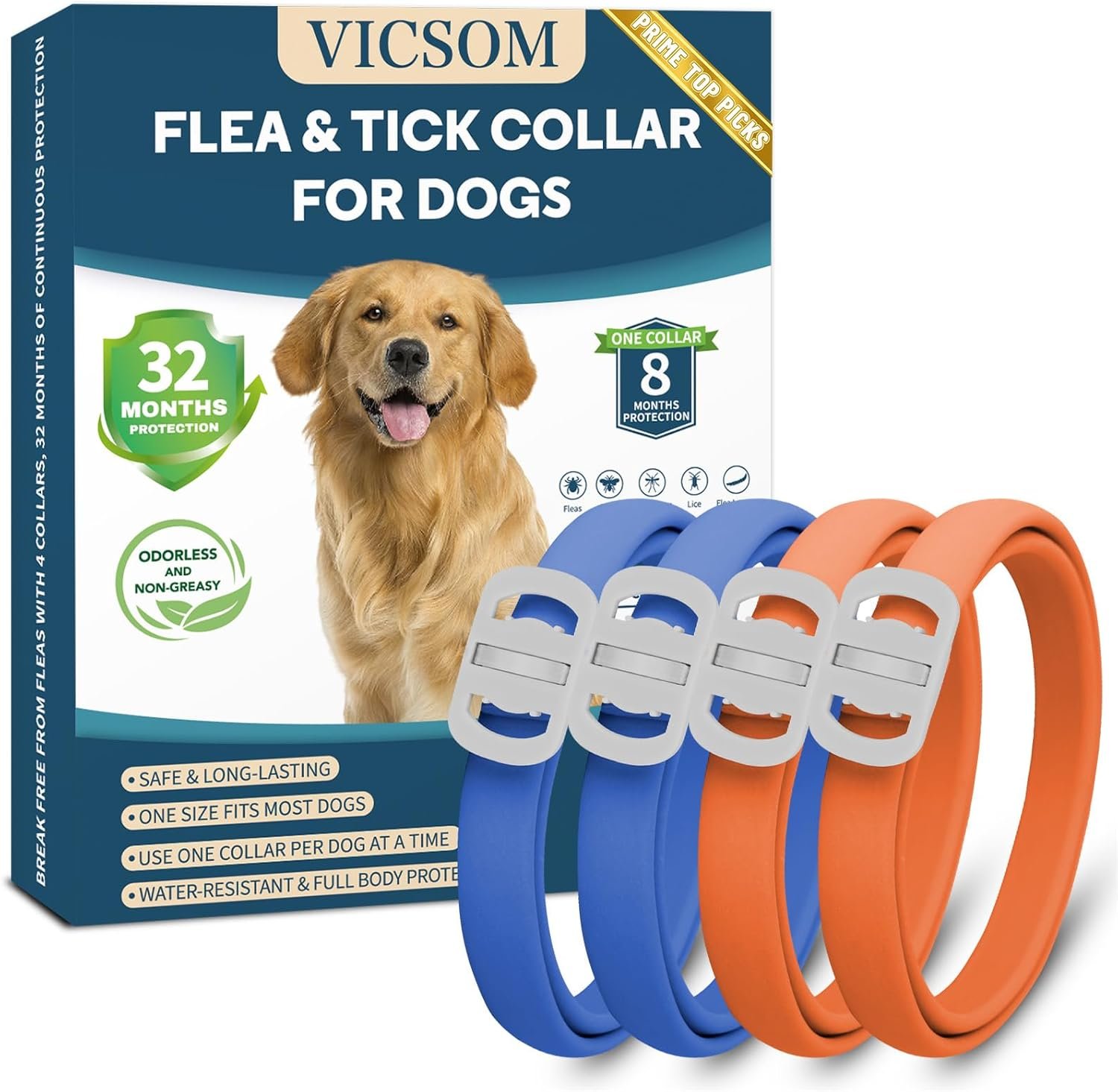 Dog Flea and Tick Collar 4 Pack, Waterproof Adjustable Collar for Dogs and Puppies, 32-Month Prevention, Blue & Orange