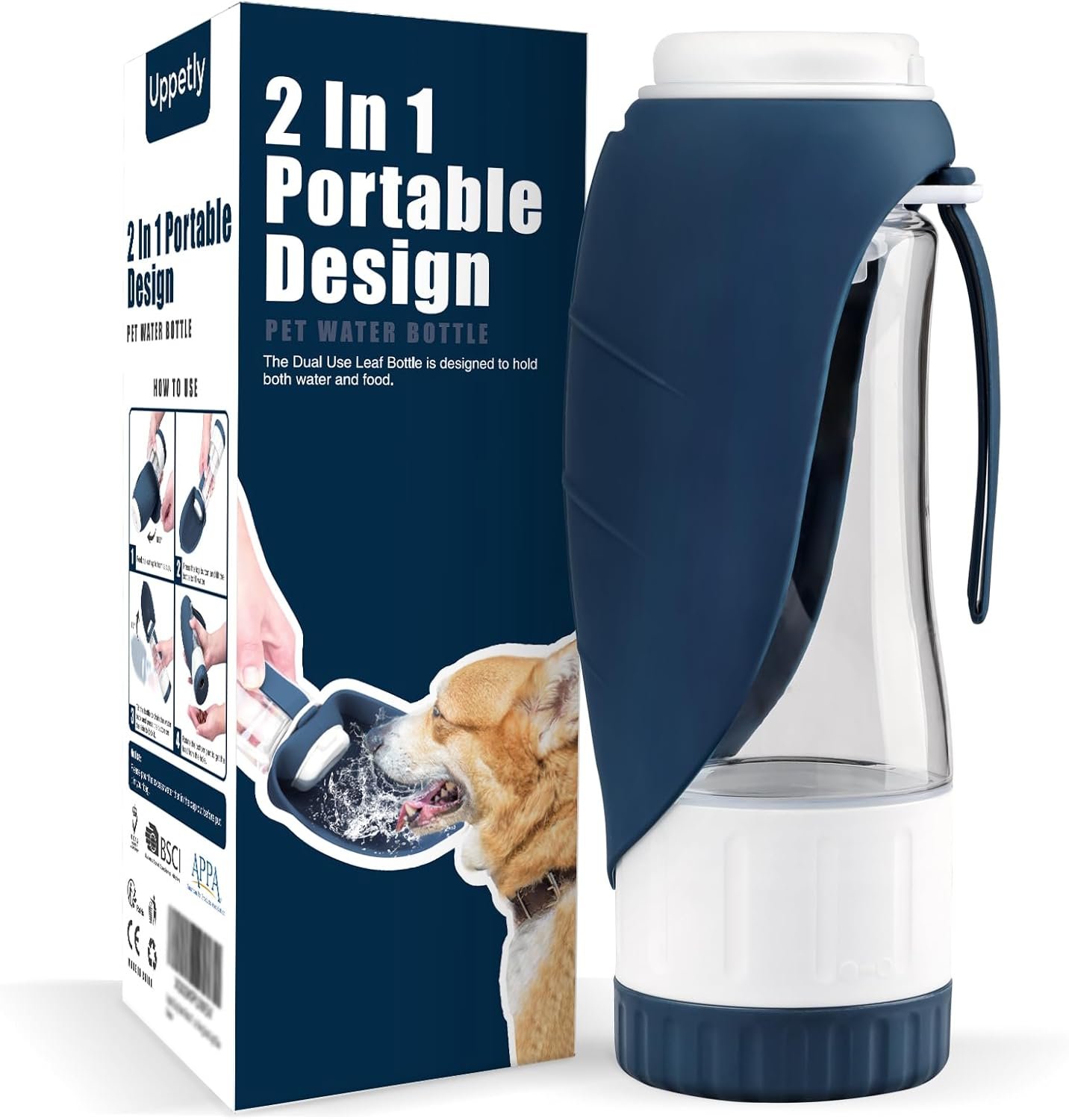 Uppetly Dog Water Bottle, Pet Water Bottle with Food Container and Drinking Feeder, Leak Proof, BPA-Free, Portable Foldable Puppy Water Cup Dispenser for Outdoor Walking, Travel, Small Dark Blue