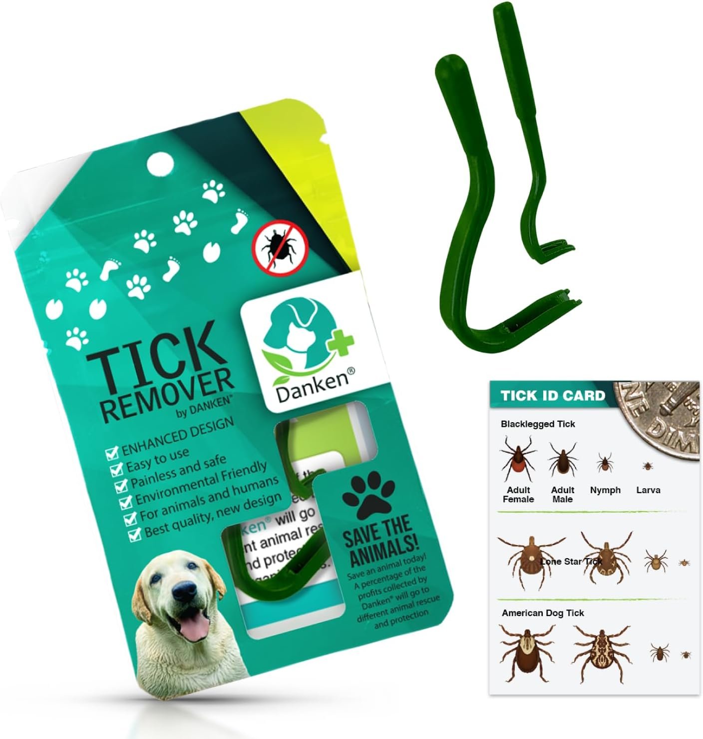 Danken® Tick Remover Tool for Dogs, Cats, Horses, and Humans | Enhanced Design | Tick Grabber | Tick Puller | Tick Tweezer | Safe & Easy Tick Removal | 1-Pack of 2 | with Resealable Bag
