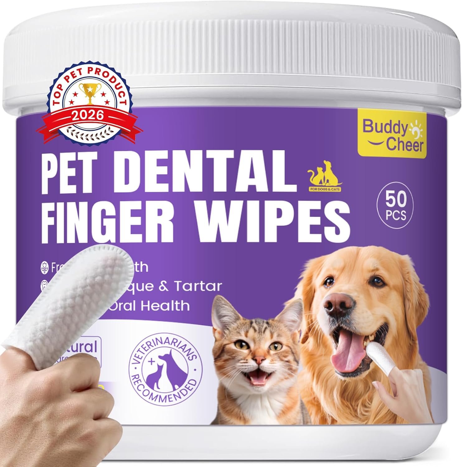 No-Rinse Dog Dental Care Wipes, Cat & Dog tooth brushing kit, Dog Wipes for Pet & Cat Teeth Cleaning, Dog toothbrush Finger Dental Wipes to Remove Plaque & Tartar, Disposable Dog Wipes – 50 Count