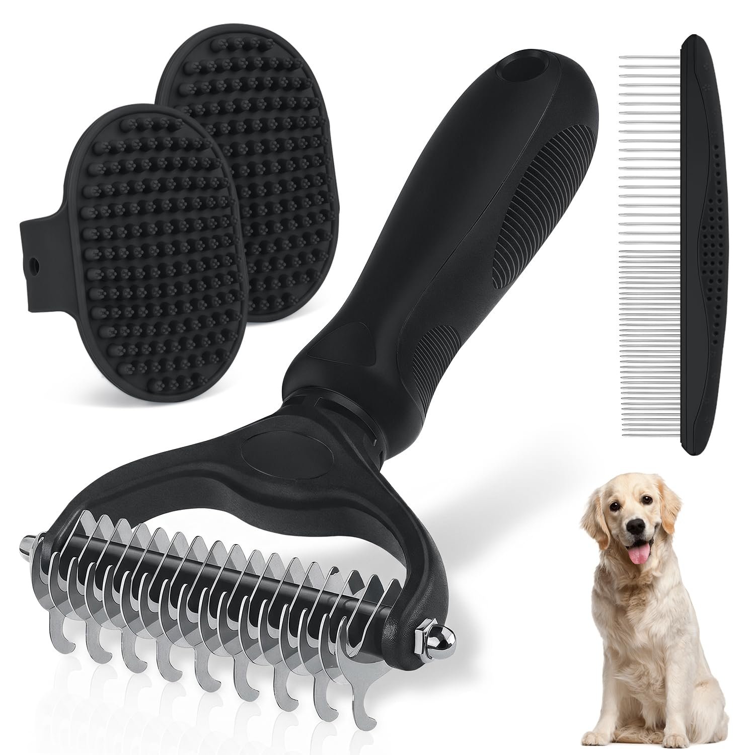 Double-Sided Pet Grooming Rake – 4-in-1 Professional Pet Grooming Kit Deshedding Dematting Tool for Dogs Cats Extra-Wide Grooming Brush & Deshedder Comb for Long & Short Haired Pets (Black Kit 4PCS)