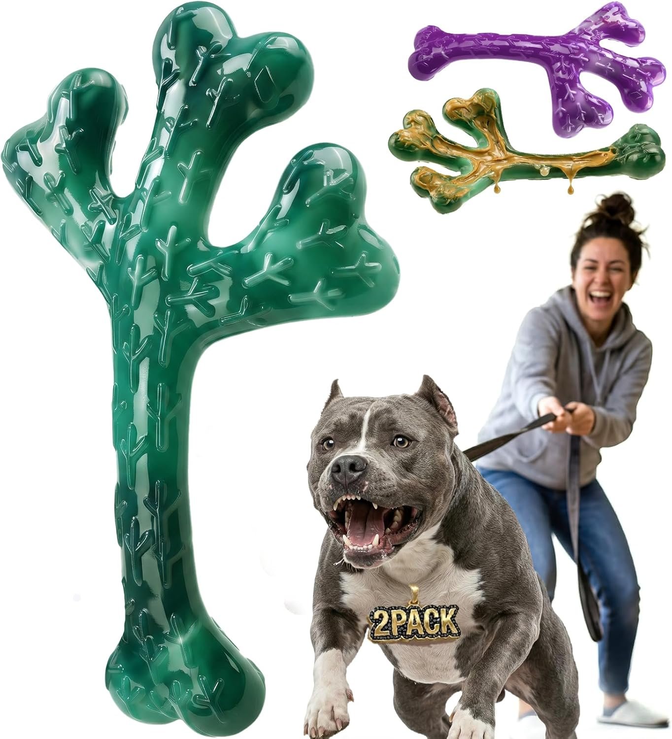 Frienhund 2 Pack Indestructible Dog Chew Toys for Aggressive Chewers – XL Textured Cactus with Grooves for Peanut Butter & Yogurt, Beef Nylon Bones for Large Dogs 20-90 lbs, Easy Chew & Long Lasting