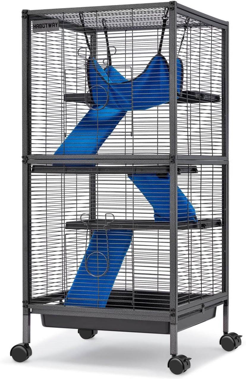 HABUTWAY 45”H Metal Small Animal Cages, Rolling Chinchilla Cage with Removable Ramps, Lagre Cage for Chinchillas/Guinea Pigs/Rabbit, Ferret Cages with Hammock & 4 Tiers, Black