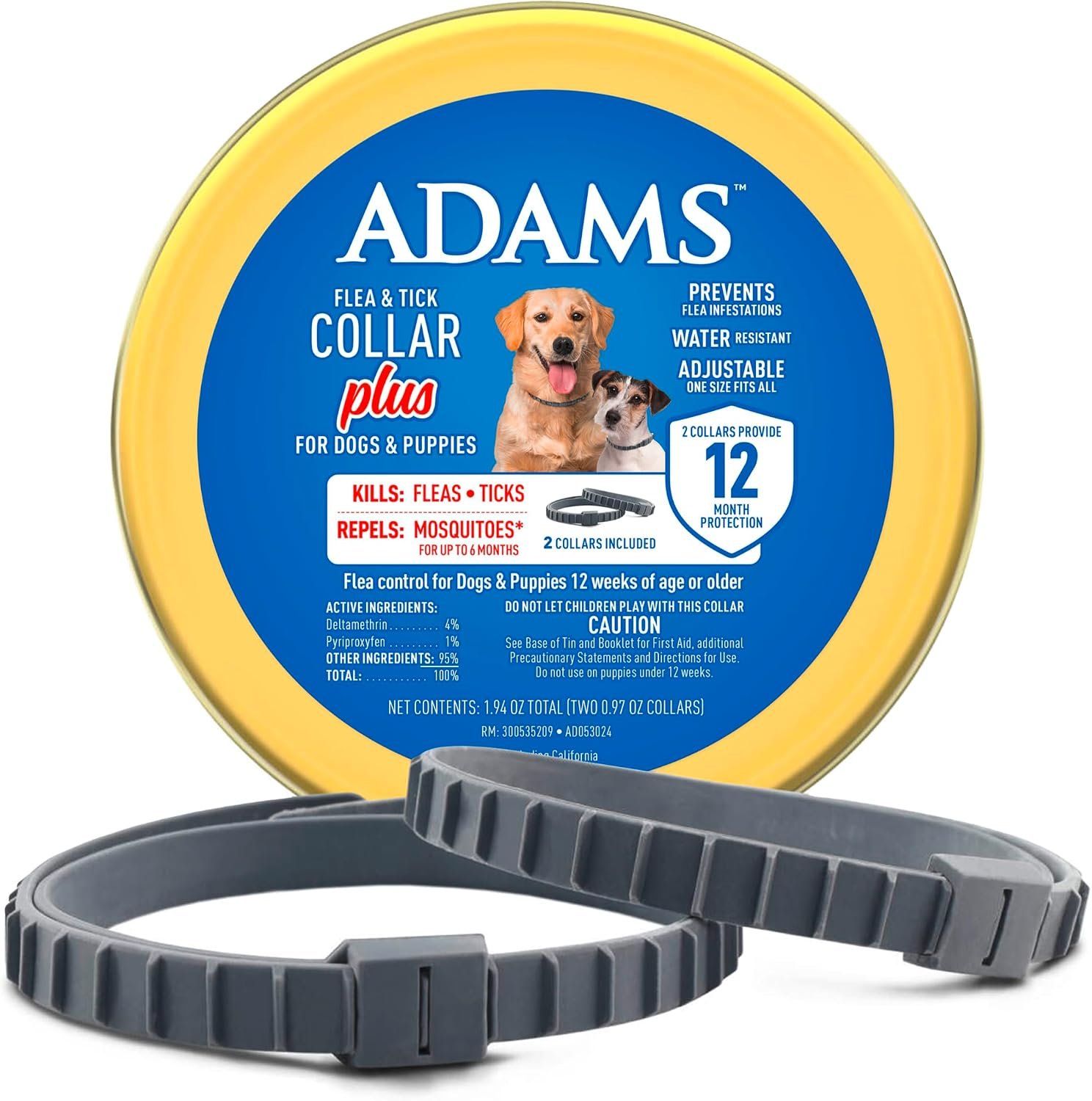 ADAMS Flea & Tick Collar Plus for Dogs & Puppies, 12 Months Protection Against Flea Infestations, Kills Fleas & Ticks, Repels Mosquitoes for Up to 6 Months (Excl. California), One Size Fits All, 2 ct